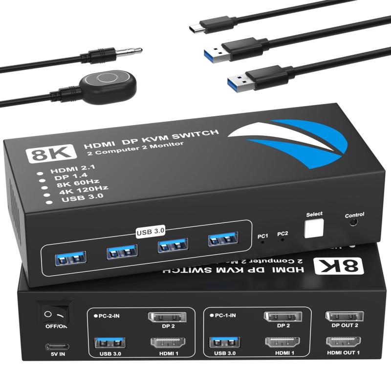 8K@60Hz HDMI+DisplayPort KVMスイッチ 2入力2出力 パソコン2台モニター2台切り替え KVM 切替器 デュアルモニター 5Gbps 4つのUSB 3.0ポート キーボード/マウス/プリンター/他のデバイス対応 パソコン切替
