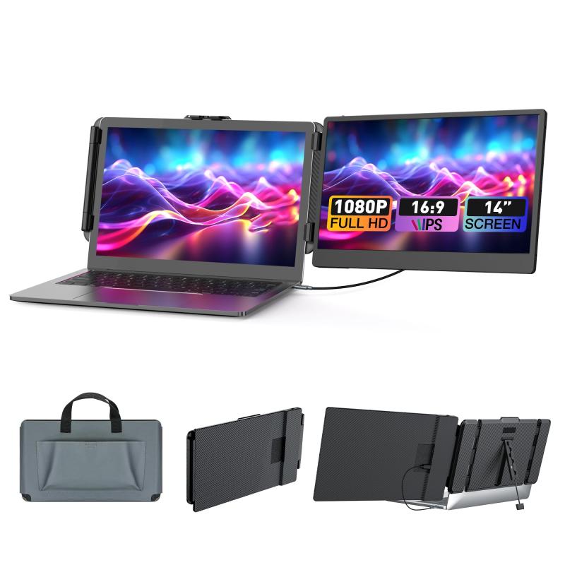 Kwumsy ポータブルディスプレイS1 Portable Monitor 14'' 1080P FHD IPSデュアルノートpcディスプレイエクステンダーTYPE-C/HDMI プラグインで13-17.3インチ(Windows、Mac、Android、