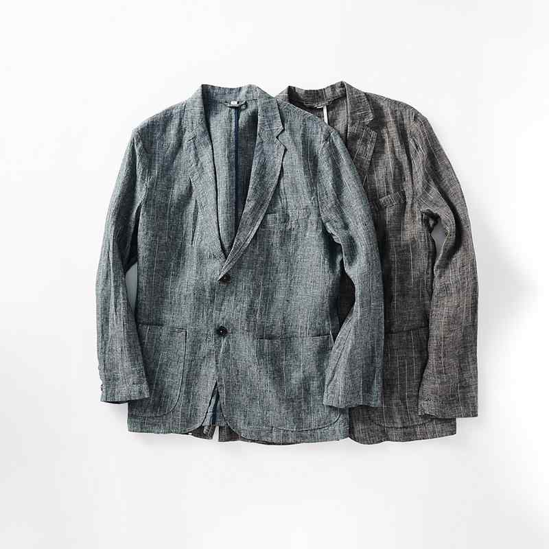 メンズ 上衣 歳月 麻 原料品 透人となり ゆったり 縞模様 ロング衣袂 西装領 シングル乳ぶさ うしろ側細長い切口 多隠し 編み目隠し ストレートヘム 薄墨色 黒いこと 米国海軍 薄墨色緑であること ゆったり影ぼうし 心地よい トップス