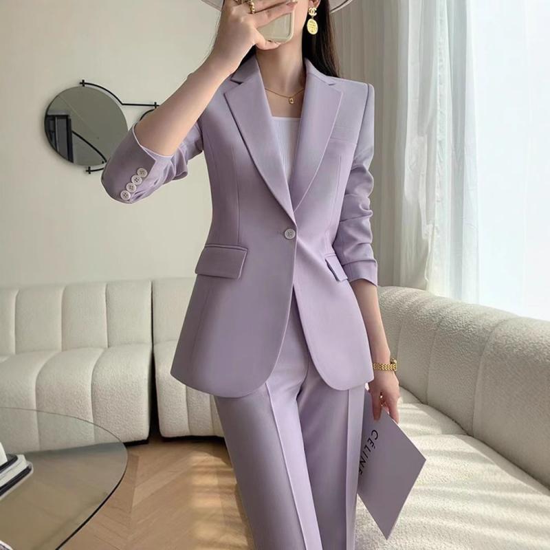 レディース スーツ セット 女性用 春秋 秋冬 修身 ミドルレングス ジャケット パンツ 長袖 ワンボタン ポリエステル 無撫理 シンプル 洗練 紫ローラン クラシックブラック グリーン 日常 通勤 軽量 伸縮性 優雅 カジュアル ビジネス トップ|オレンジアイランド