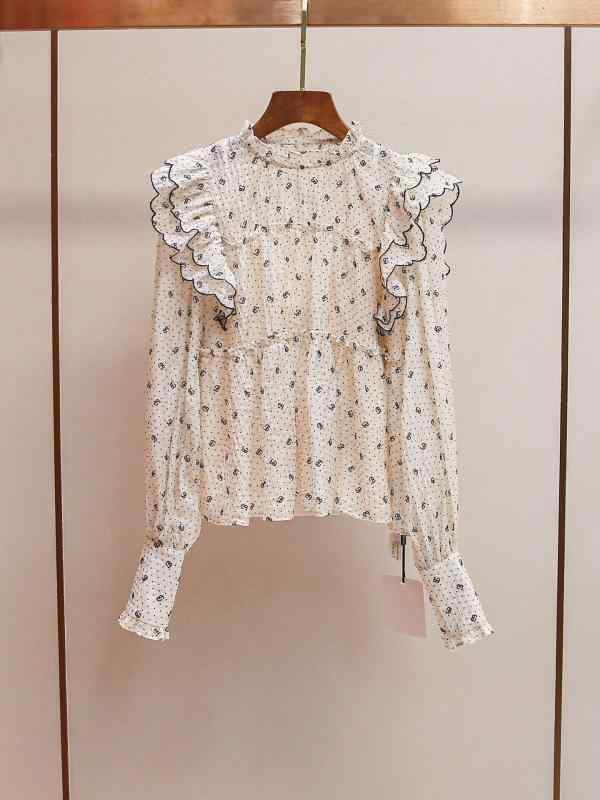 プルオーバー お上さん用 淡黄味がかった 印花柄 夢見鳥? フラウンス 立領 雪?原料品 唐人笛袖 うつり変わり 長袖 書き割りはたご屋 ゆったり影ぼうし 精神状態 通い表現スタイル 人付き合い冷感 軽さ 吸湿速乾 春夏 トップス トップ はだ着 普段使い