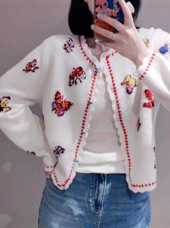 カーディガン 女性用 かわいい 春季 丸首 長袖 開き 羊毛混 刺繍 蝶柄 切り替え 白 軽量 柔らか ニットトップス セーター コート 春物 清楚 甘め 普段使い 通勤 伸縮性 吸湿速乾 普通丈 単排ボタン 刺繍加工 かわいいスタイル 女性カーディガン|オレンジアイランド