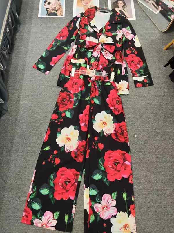レディース トップス ワンピース 風 シャツ セット ワイドパンツ セット 花柄 プリント 長袖 長ズボン コットン ポリエステル 混紡 赤 快適 ゆったり ストリート カジュアル 欧米風 秋 ファッション｜オレンジアイランド