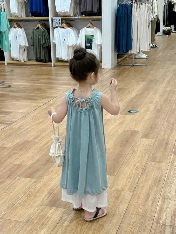 御姉さん 衣装 背心スコート 夏用 綿原料品 愛くるしげ 純色 延性のある 軽さ 3-8歳 中小童 90-140糎 浅青 白いこと 花辺 ハングル風