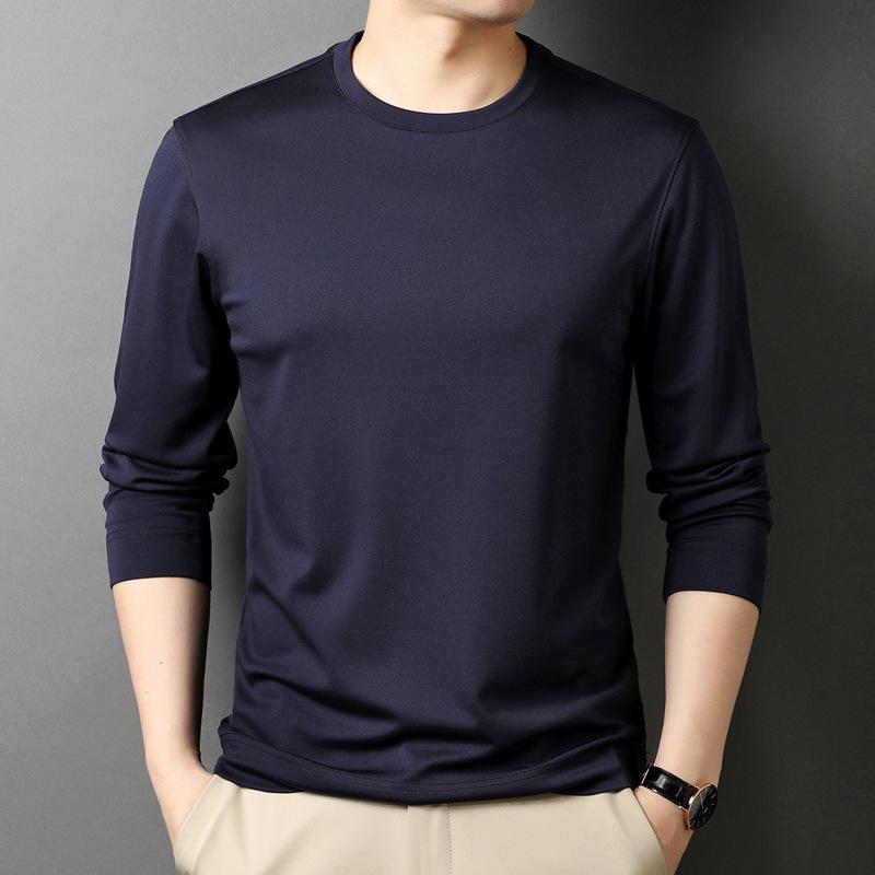 Tシャツ メンズ 中年 桑蚕糸 長袖 合体型 翻領 セットネック 春秋 純色 緑 黒 深藍 透気 防皺 耐摩耗 高彈 軽ビジネス 日常 簡約 休閑 百搭 上衣 打底衣 軽量 伸縮性 再生繊維 幾何柄 免?処理 普通厚さ 成人 男士|オレンジアイランド
