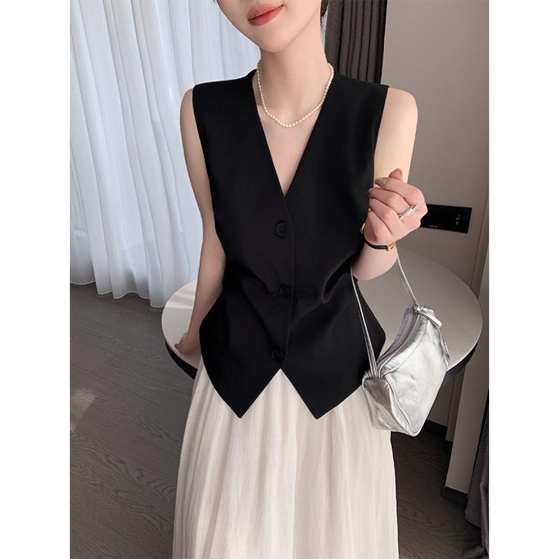 レディース ベスト 黒 Vネック 無袖 春夏 収腰 スリム 気質 外穿 内搭 トップス 私服 雅やか ?? 単排扣 御姐風 成人 女性 気質 優雅 収腰型｜オレンジアイランド