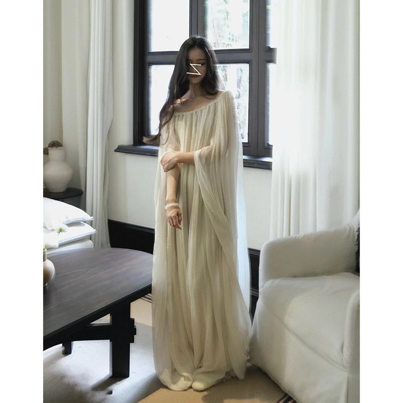 衣裳 レディース 定まり A伝達ルート 妖精 人付き合い冷感 ノースリーブ マキシ丈 瀬戸もの御召しもの風 米色 ゆったり 褶? 20代 30代 40代