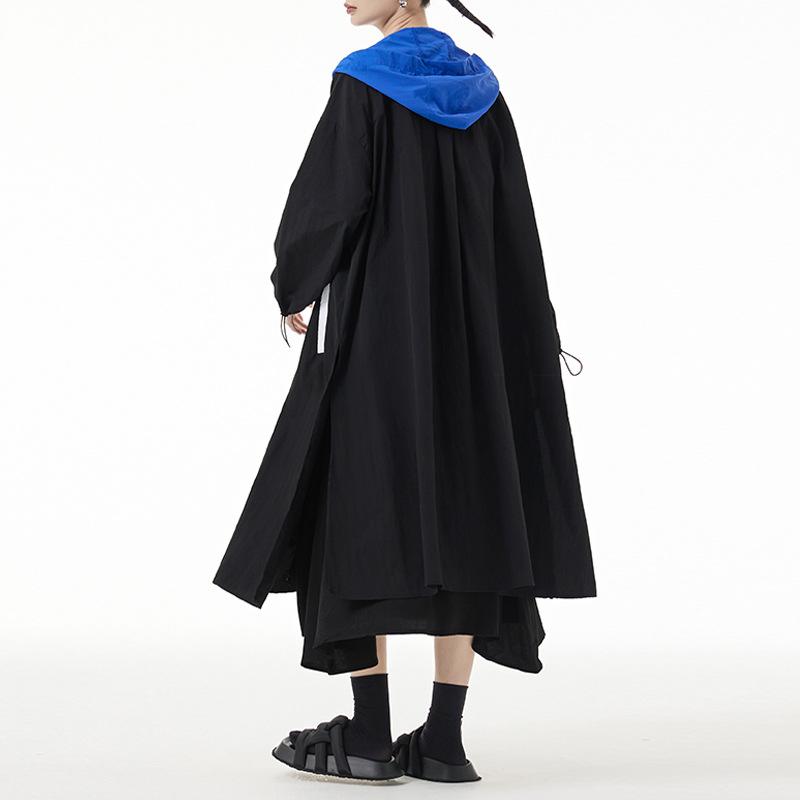 レディース 長袖 連帽 風衣 春夏 薄っぺら 広広とした か細い 色合い立ちはだかる うつり変わり 今めかしい 公々然たる ジレー ロング厚地の外套 ポリエステル 表どおり 表現スタイル ジップ 引き上げる 長丈 ゆったり トップス 青碧 黒いこと 個人的特徴 流行り物