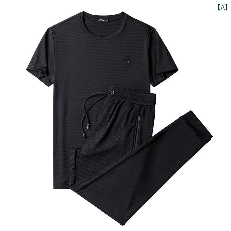 メンズ 運動 セットアップ 超薄 速乾 短袖 Tシャツ 長ズボン 夏季 アイスシルク 網目 生地 ニルロン 素材 メッシュ加工 軽量 吸汗 速乾 機能 直筒 タイプ 中腰 デザイン 黒 深灰 浅灰 カラー ランニング ジョギング トレーニング 用途 メン｜オレンジアイランド 10,697円