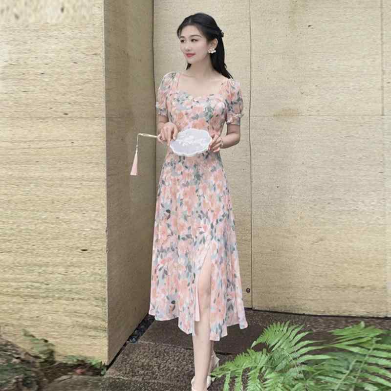 衣装 レディース 夏 半袖 真四角のど首 花柄 黒いこと 黒 サクラ色 サクラ色系 締め付ける性 か細い填まる