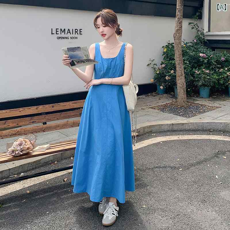 ブルーの ノースリーブ ドレス 女性 の 2025 夏 韓国 シック ウエスト スリム ロング スカート｜オレンジアイランド