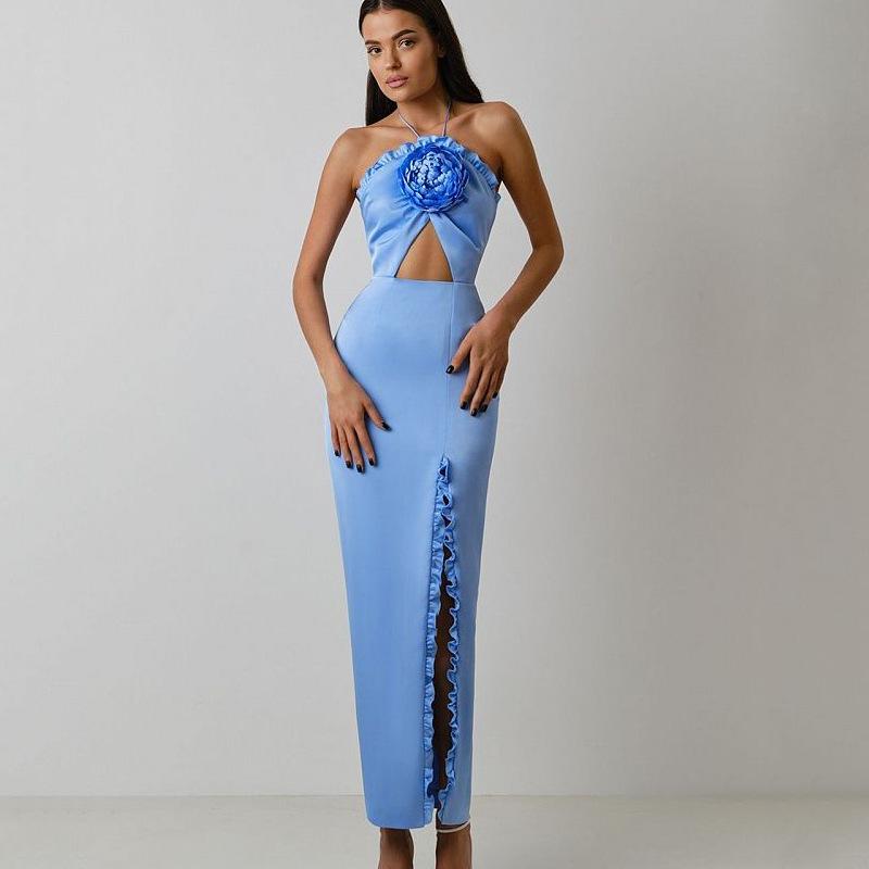 ワンピース レディース ハルタネック ロングドレス スリット 切り替え 無袖 ステッチ 立体花 さつ面 ストレッチ ライトブルー ピンク 中腰 セクシー 私服 秋｜オレンジアイランド