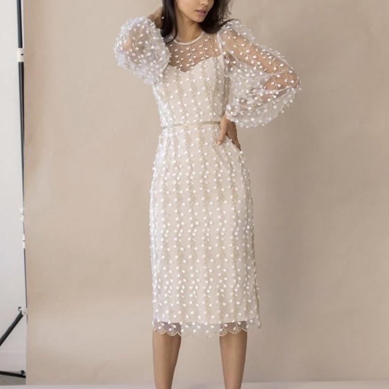 レディース 衣装 ボヘミアン  透け感  美術的 今めかしい 成人女性用 ロング御召しもの 条紋 透かし彫り柄 刺しゅう 基本理念  中長丈 A伝達ルート 丸首 照明ランプ影法師袖 長袖 高腰 3D 立体 飾りつけ 秋場 ポリエステル 衣料繊維 白 黒 か