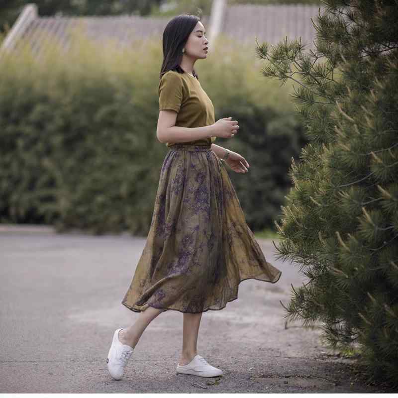 スカート レディース 半身スカート ?麻 麻素材 印花 花柄 植物柄 花卉柄 ダブルレイヤー 二重 軽薄 薄手 簡約 シンプル Aライン 中丈 春夏 夏季 通勤風 花柄スカート 田園風 文?風 碎花 フラワープリント 観光 休? 日常 デート 適用｜オレンジアイランド