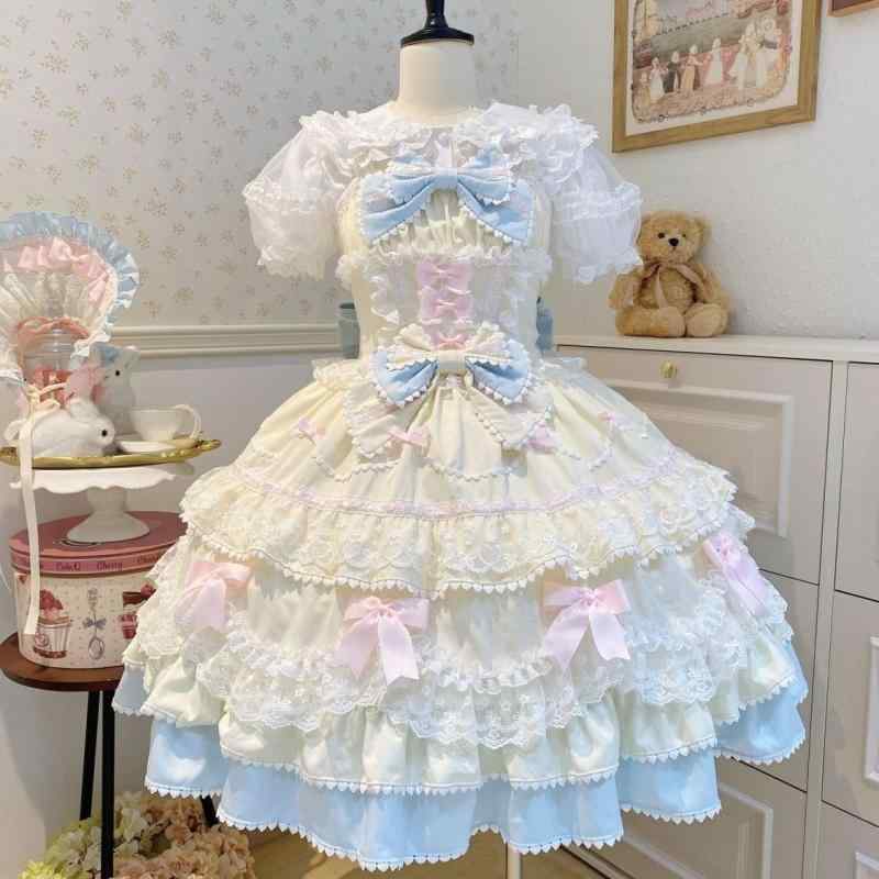 ワンピース レディース ロリータ JSK かわいい 吊りスカート TR面料 チャイナドレス風 文芸復古 蝶結び レース ピンク ブルー イエロー ブラウン S M L XL 東南アジア|オレンジアイランド