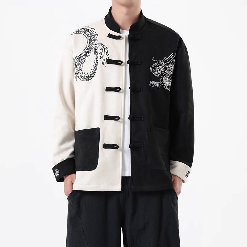 ジャケット 男性用 大きいサイズ ゆったり 秋物 中国風 ドラゴン 刺繍 チャイナ風ボタン レトロ 唐装風 切り替え ブルゾン コーデュロイ ポリエステル ミリタリー｜オレンジアイランド