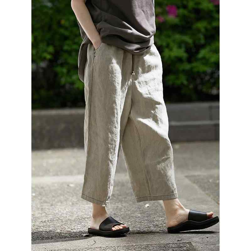 レディース ワイドパンツ 麻 素材 混紡 牛仔布 風 ロングパンツ 松緊腰 ゆったり シルエット 透気性 良い ドローストリング 付き ローブパンツ 風 通勤 スタイル ポケット 付き オフィス 普段使い 軽量 涼しい 夏 雨露麻 カラー ベ｜オレンジアイランド