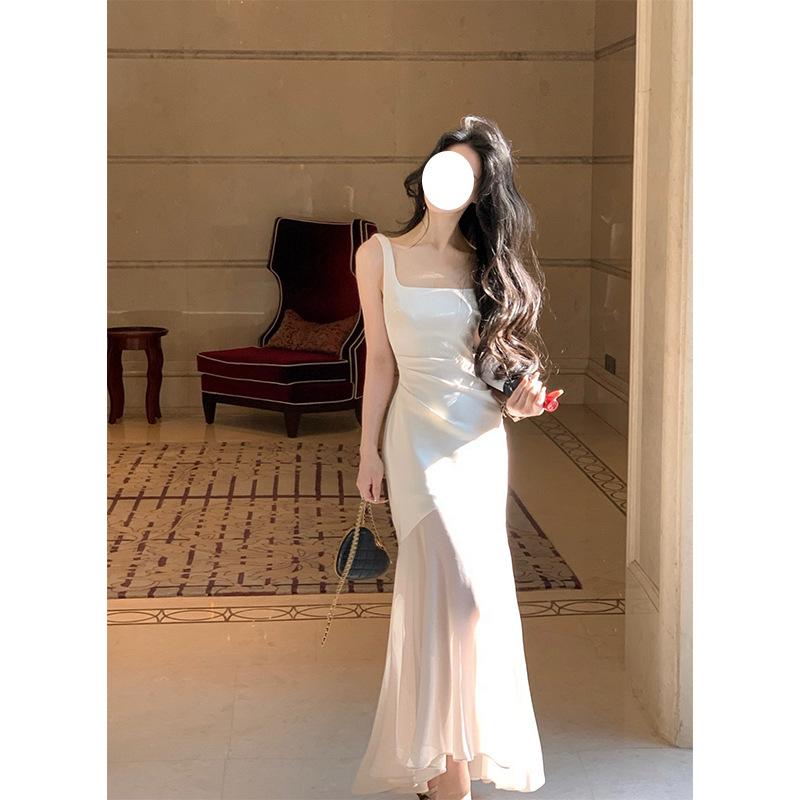 衣装 レディース 米白 黒 夏 長袖なし 吊り下げ  人魚 ロングスコート 決まり 礼服 スコート 高腰 方領 セットアップなし 角袖巡査 名媛風 ?? ポリエステル 衣料繊維  米白 黒 時節  夏時 単品 長丈 無袖 ご機嫌酉の方角