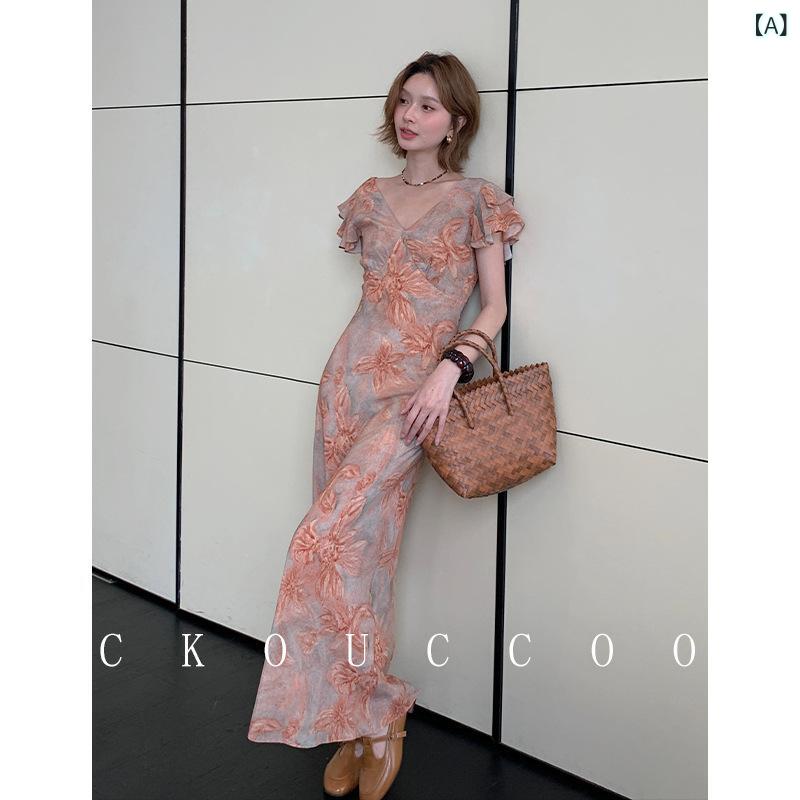 ワンピース レディース 夏 真? Vネック フリル袖 Aライン ロングスカート 桑蚕? 切り替え 通勤 セットアップ 直筒 ハイウエスト プルオーバー 優雅 碎花 橙 ?檬黄 黒底 藍花 短袖 高腰 拉? 95% 以上 優雅 直筒 S |オレンジアイランド