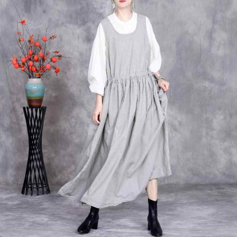 衣裳 レディース 春 綿麻原料品 条紋柄 A字スコート 長丈 無袖 丸首 中腰 森お嬢さん 返り咲き風 淡緑 愛くるしい  耳あたらしい 基本原理款 単品 セットアップなし