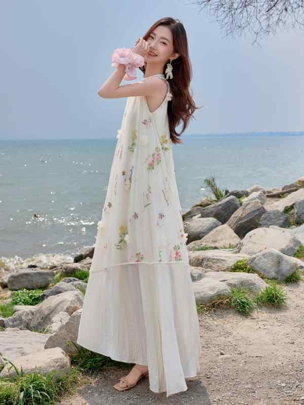 衣装 レディース 無袖 ハングのど首 立体花刺しゅう ロング A生産ライン MIDI 夏 春夏 冷やりとした ?? ポリエステル 花柄 刺しゅう  通い セットアップ  奥ゆかしい  真っただ中酉の方角 紐 セットアップ 単品 トップス お召しもの 御花 フ