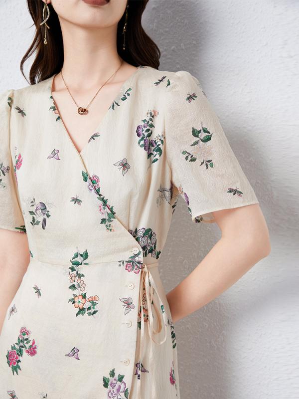 ワンピース レディース 夏 花柄 花鳥 桑蚕? 真? 長丈 ロング スカート 荷叶 フレア スカート Vネック 泡泡 袖 短袖 ハイウエスト 立体 裁剪 立体 プリント 植物 花卉 通勤 スタイル 優雅 風 修身 スリム フィット 単|オレンジアイランド