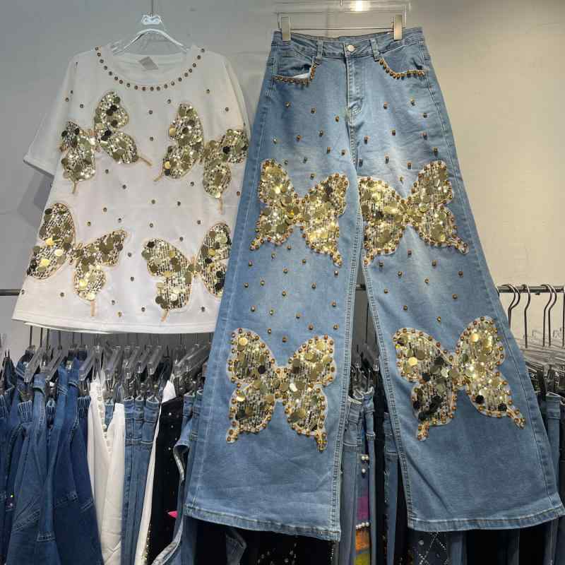トップス Tシャツ ボトムス ジーンズ セットアップ レディース 通勤用 ゆったりシルエット ベルベット風 蝶モチーフ スパンコール加工 デニムパンツ 9分丈 テーパードパンツ 接触冷感 軽量 伸縮性 吸湿速乾 夏用 フォーマル カジュアル きれいめ カ|オレンジアイランド