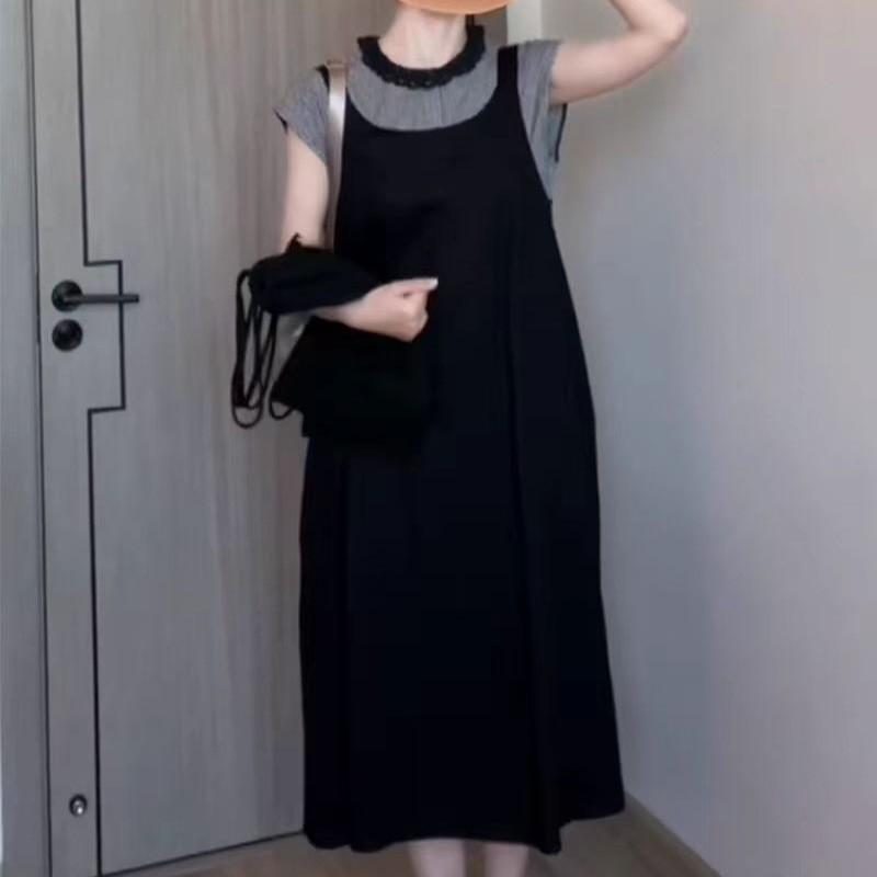 レディース 衣裳 吊り帯 黒いこと  通い 風 書き割り 引き上げる トップス スコート 取り合わせ 2点書き割り ポリエステル 中長丈 高腰 長袖 丸首 無扣 透かし彫り柄 ティーシャツ 背帯スコート 花の冠yd 表現スタイル 秋期 秋 原料品 生まれ変わり衣料繊維 役立つこと 伸縮性