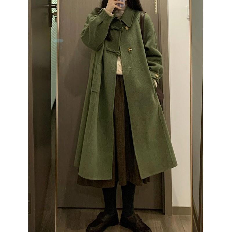 厚地の外套 レディース 秋冬 韓国 羊毛 アウター 遊撃手丈 無地 緑 黒 XS S M L XL ポリエステル ゆったり 愛くるしげ 心地よい