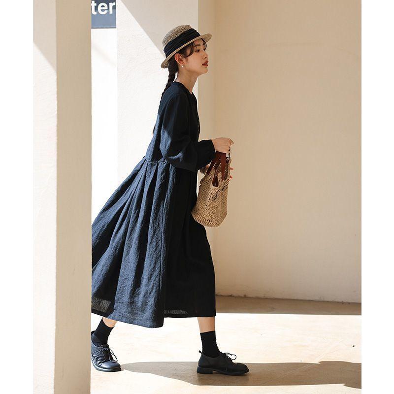 衣裳 レディース 歳月 リネン 麻 ロング丈 マキシ丈 黒いこと 黒 ゆったり 体型取りまかなう 成年者心地よい 好いたらしいめ 雅びやか レトロ ヴィンテージ A伝達ルート 太陽フレア 普段使い走り お出かけ