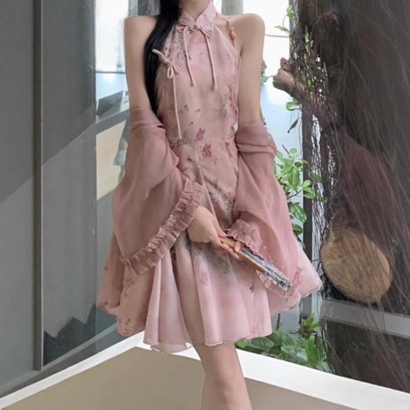 セットアップ 気が大きい大きさ レディース 春夏 瀬戸ものお召しもの風 小花柄 遊撃手丈 衣装 UVとり捨てる ジレー 2点仕掛ける 晴れ晴れしい サクラ色