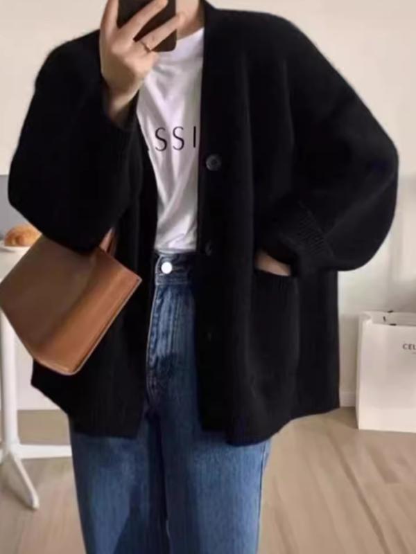 ニット カーディガン Vネック 長袖 レディース ゆったり 羊毛素材 厚手 ポケット付き 秋冬 カジュアル きれいめ おしゃれ かわいい おしゃれ 上品 女性用 普段使い 柔らかい 暖かい 女性用 セーター トップス 羽織り 婦人服 普段使｜オレンジアイランド