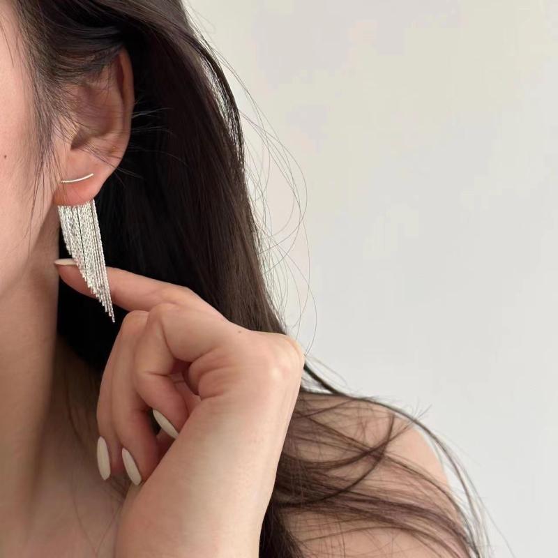ピアス レディース お上さん用 S925しろがね色 銀 バンブーチェーン フリンジ ロング 分かりやすい 個人的特徴的 雅びやか 雅びやか 晴れ晴れしい感 磨きあげる 揺れる 高押し出し デイリー 普段使い