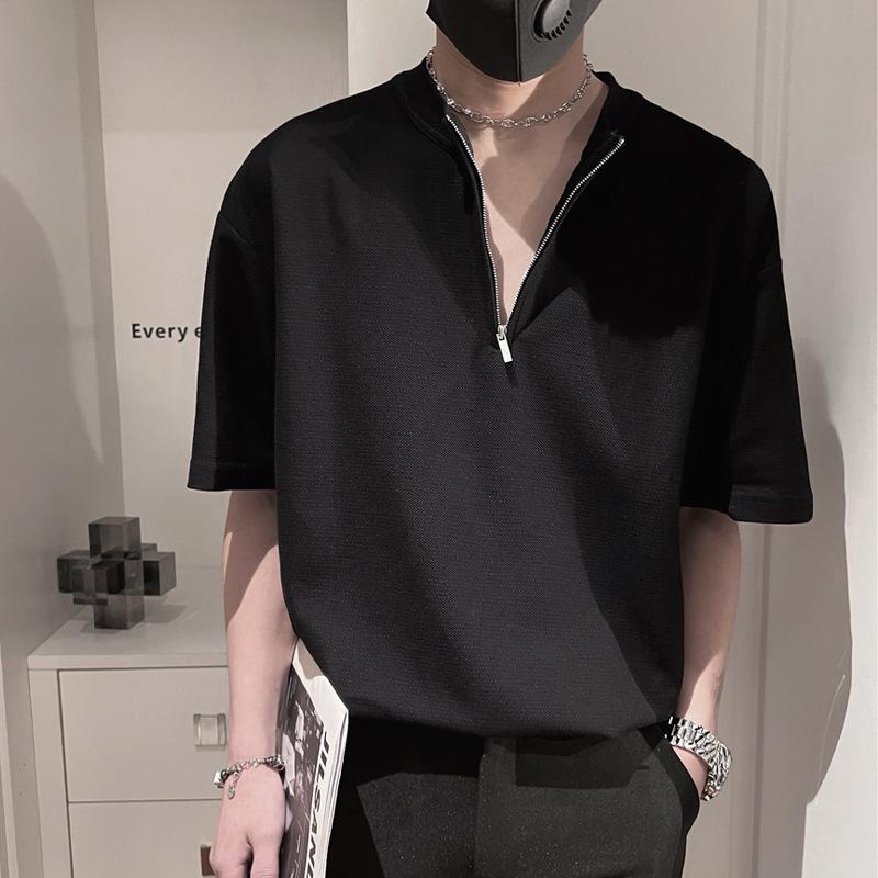 ティーシャツ メンズ 成人男性用 半袖 スポーツシャツ 夏服 ゆったり ビッグ影ぼうし 無地 ジップアップ 落っこちる肩肉 トップス 心地よい 普段使い走り 綿織物 薄っぺら 白いこと 黒いこと