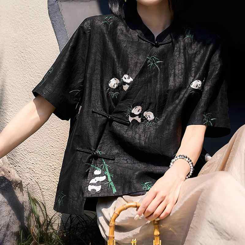 Tシャツ レディース 香雲紗 桑蚕 半袖 プルオーバー ラウンドネック 亀甲柄 パンダ刺繍 新中華風 レトロ ミドル丈 夏 普段使い|オレンジアイランド