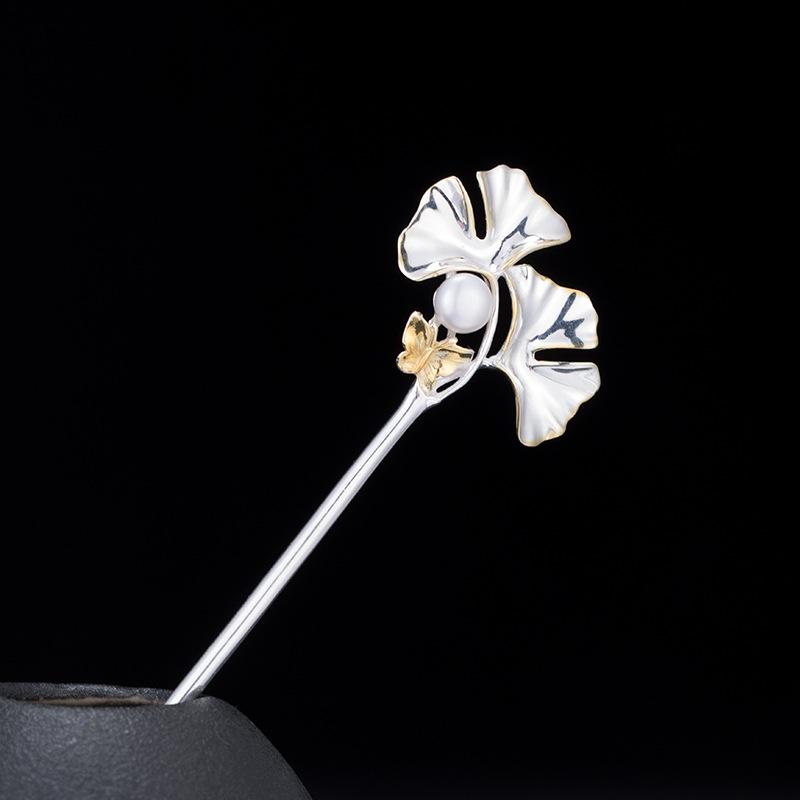 ヘアアクセサリー レディース 銀杏 蝶 バレッタ かんざし シルバー 925 レトロ 古風 宮廷風 パール エレガント｜オレンジアイランド