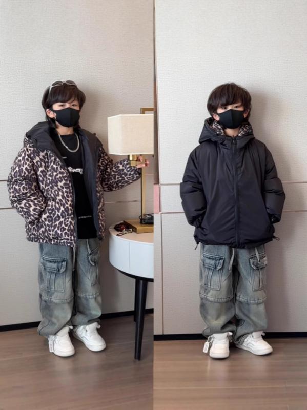 落ち込む上衣 キッズ 御坊っちゃん お嬢さん 男女兼用 ヒョウ柄 リヴァーシブル ボンネット付き添い人 遊撃手丈 アウター 落ち込む 防寒 保温 生あたたかい 格好のいい 心地よい 普段使い走り 通学 秋冬