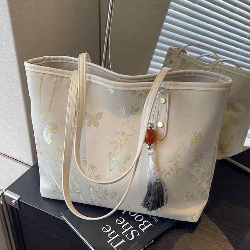 御徒面子 レディース お上さん用 トートバッグ ショルダーバッグ 肩かけ鞄 大電気容量 秋冬 多役立つこと 新チャイニーズ表現スタイル 刺しゅう 通い 象牙色  横型 真四角 もの柔らかめ 普段使い走り デイリー 心地よい