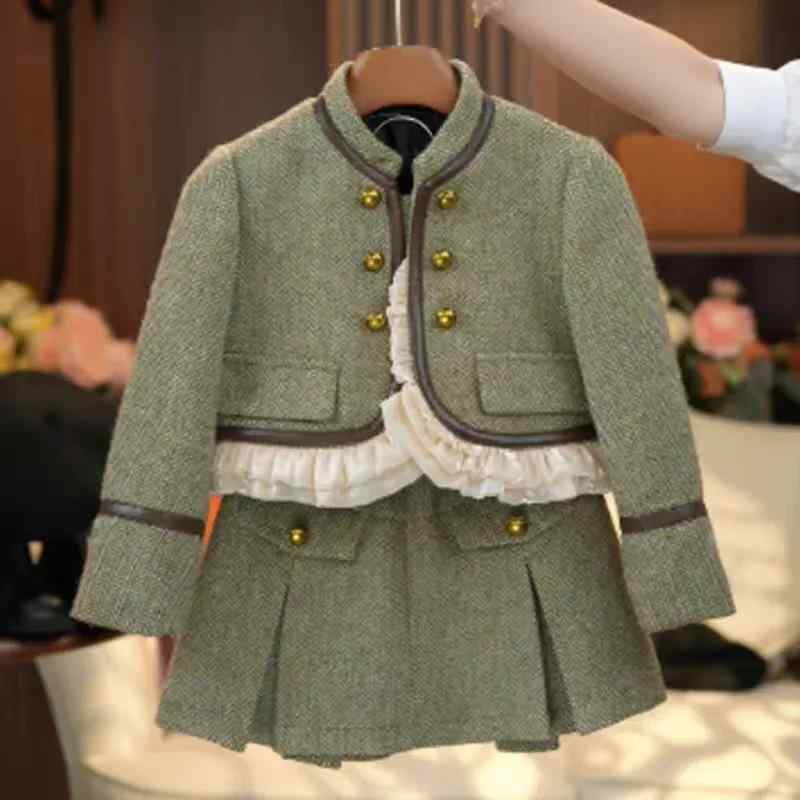 背広 お嬢さん キッズ ちびっ子服 秋冬 長袖 雅びやか 雅びやか 今めかしい 韓国 フラウンス 遊撃手丈 上衣 スコート セットアップ 無地 綿 パステル色の お出かけ フォーマル 告げ知らせる会