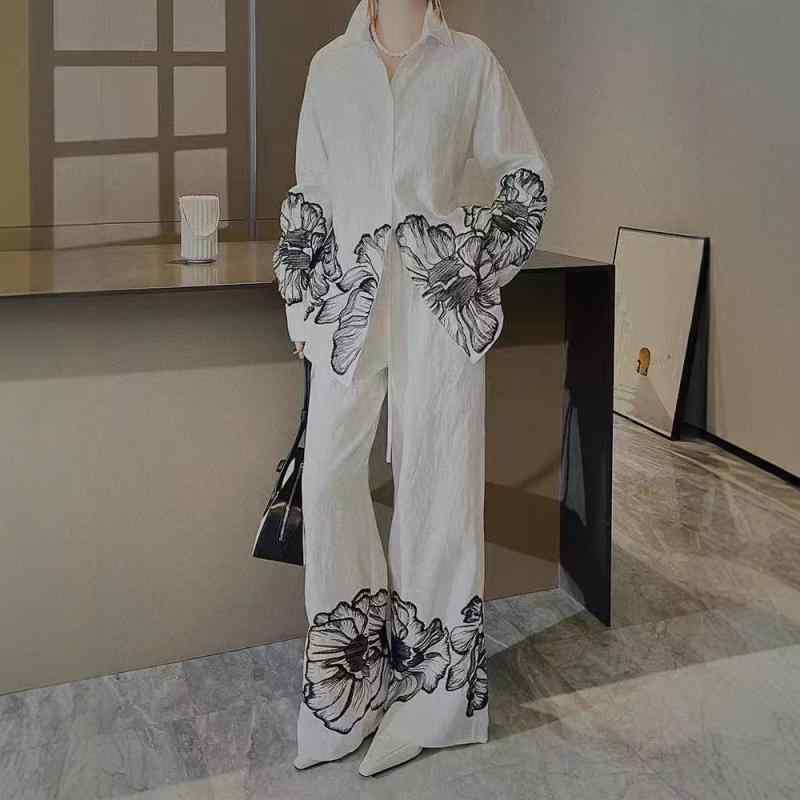 セットアップ レディース 女性用 綿麻 長袖シャツ トップス ハイウエスト ウエストゴム ロングパンツ 長ズボン 花柄 刺・墸 カジュアル 普段使い 上下セット 夏 2点セット|オレンジアイランド