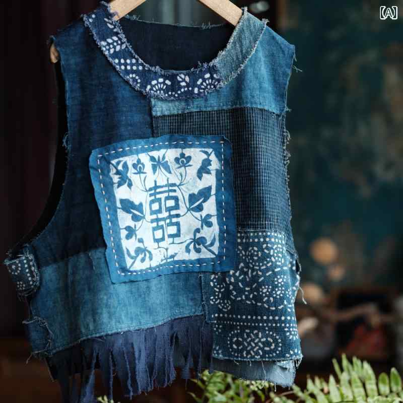 より良い レディース レトロ ビンテージ 工芸風 手作り 藍染め パッチワーク うつり変わり 瀬戸もの風 編み目 春夏 綿 ゆったり 否色つや ティーシャツ