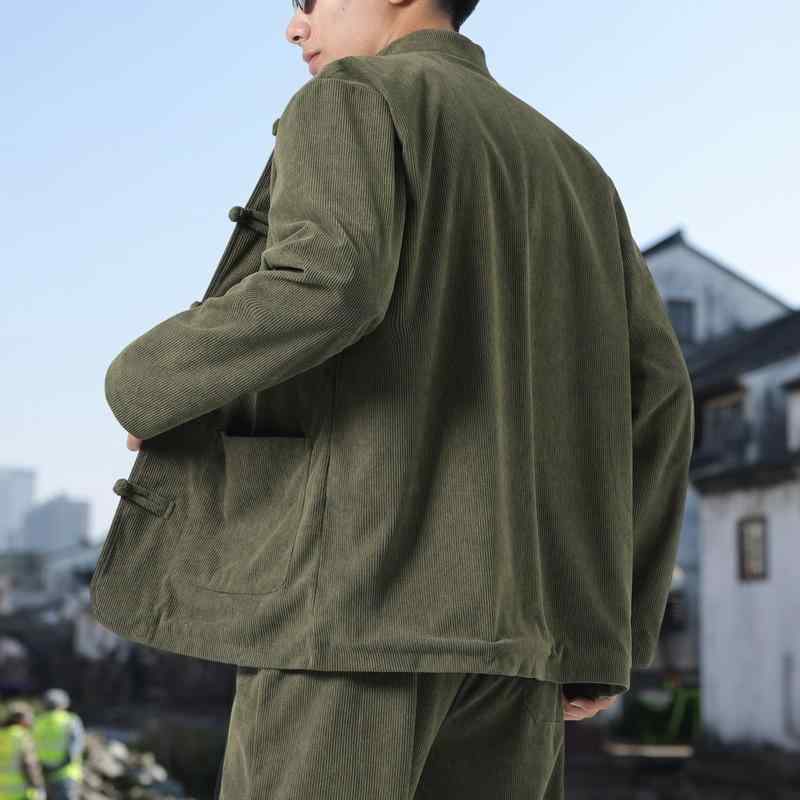 上衣 メンズ 日月 瀬戸もの風 新中式 コール天 瀬戸もの名取り草 アウター ポリエステル 心地好い 普段使い走り レトロ 黒 薄墨色 緑 赤銅色