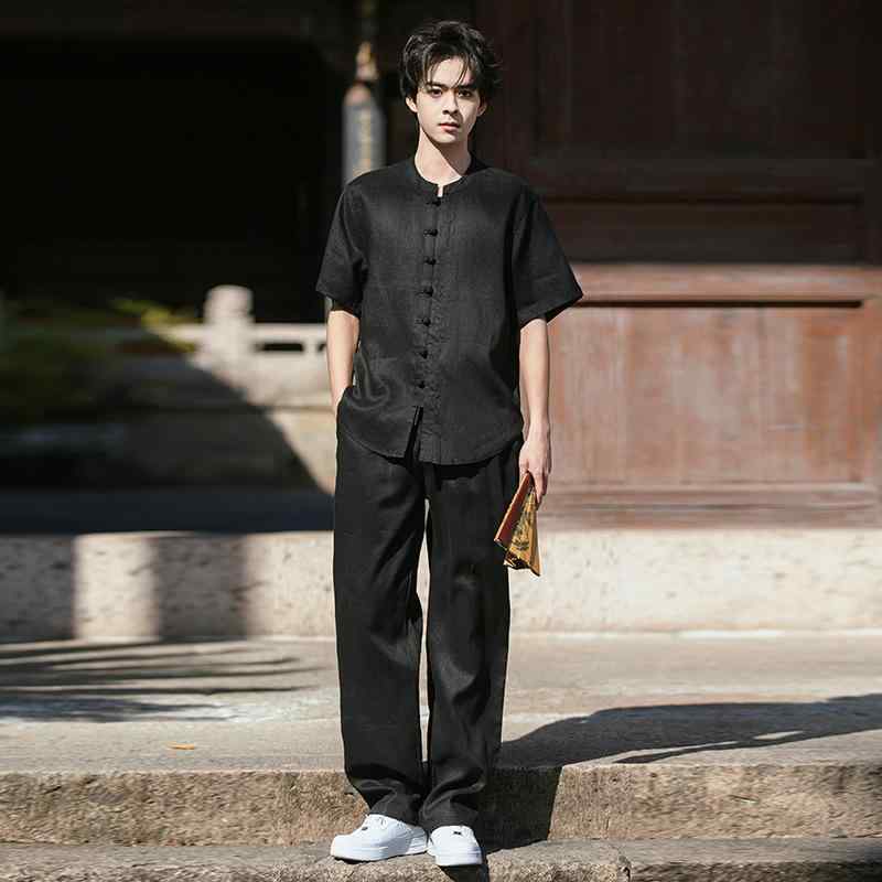 セットアップ メンズ 半袖シャツ ロングパンツ 上下セット ビッグサイズ ゆったり 体型カバー リネン麻 通気性 シンプル カジュアル チャイナ風 清涼感 普段使い 夏物 リラックスウェア|オレンジアイランド