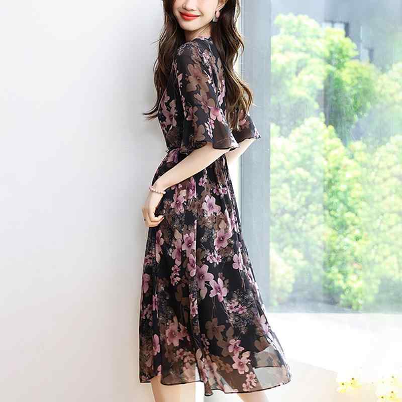 衣裳 レディース Vのど首 シフォン ロング丈 マキシ丈 晴れ晴れしい感 雅びやか 雅びやか 酉の方角見澄ます 着痩せ成り行き 体型取りまかなう 土手っ腹取りまかなう A伝達ルート 春夏 ポリエステル 花柄 半袖 ティーシャツ デイリー 心地よい 御召しもの