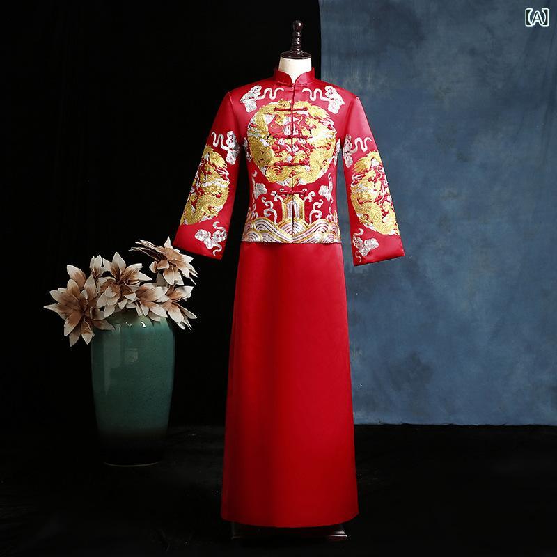 チャイナ服 メンズ 新郎 秀禾服 龍鳳褂 唐装 結婚式 披露宴 前撮り 礼服 フォーマル 豪華刺繍 オリエンタルモダン 豪華感 織錦緞 ポリエステル｜オレンジアイランド