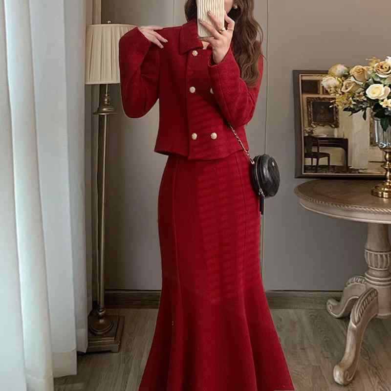 セットアップ レディース 女性用 厚手 暖かい ウール調 ツイード ショート丈ジャケット スリムフィット タイト マーメイドスカート ツーピース アンサンブル 韓国 秋冬 フォーマル セレモニー 通勤 オフィス エレガント ワインレッド ボルドー|オレンジアイランド