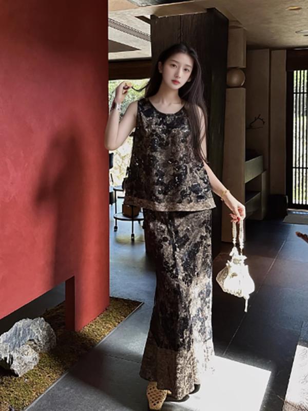 スカートセットアップ レディース 新チャイナ風 中華風 スパンコール刺繍 植物柄 ノースリーブ ベスト ジレ ロングスカート 上品 エレガント 豪華感 ポリエステル 春夏 お出かけ ブラック アイボリー|オレンジアイランド