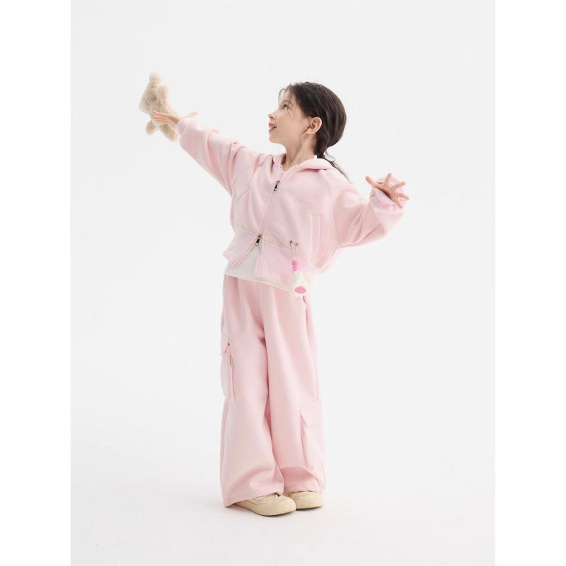 ズボン下セットアップ ガールズ 日月 御嬢さん 小わっぱ服 ボンネット付き添い人 汗水 パーカー 長袖 長ズボン 2点書き割り ジップアップ 綿原料品 心地好い 普段使い走り 小学生 中学生 サクラ色系