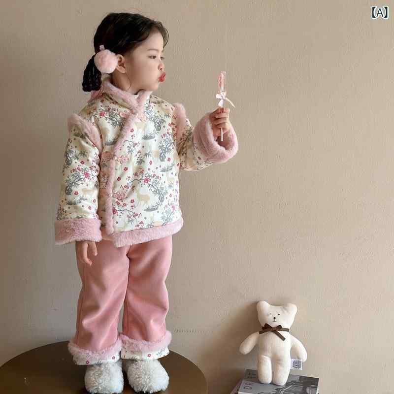 キッズ ガールズ セットアップ チュールスカート 鹿柄 花柄 長袖 朦々たる 防寒 あったか 裏起毛 さくら色系 冬物 お正月 新年会 告げ知らせる会 普段使い