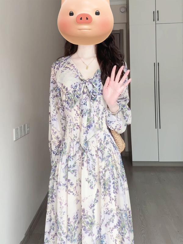 衣裳 レディース フレンチ 小花柄 フローラル シフォン 長袖 Vのど首 ご機嫌酉の方角 A伝達ルート ロング丈 酉の方角見澄ます 酉の方角シュロの葉 自己同一性的 晴れ晴れしい 好いたらしいめ 女子らしい 愛くるしい ポリエステル パープル 春夏